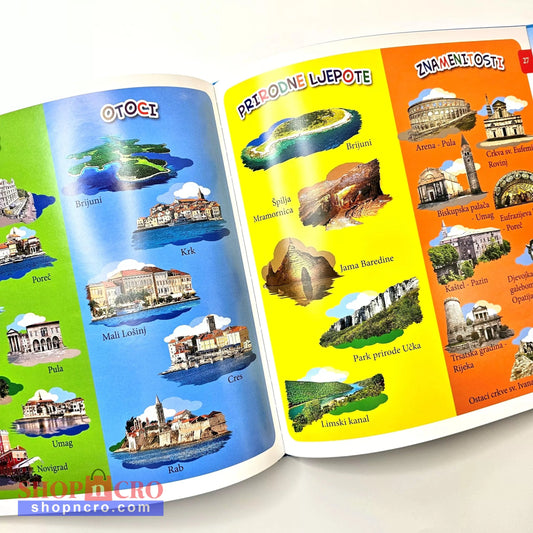 Hrvatska – Veseli Zemljopis Open book with colorful pages featuring illustrations of locations and landmarks