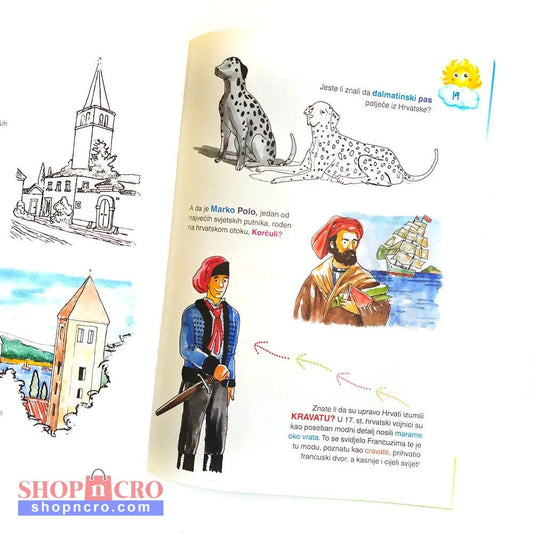 Hrvatska za Djecu – Turistički Vodič s Naljepnicama Educational book page with illustrations of a dog, castle, and Marco Polo.