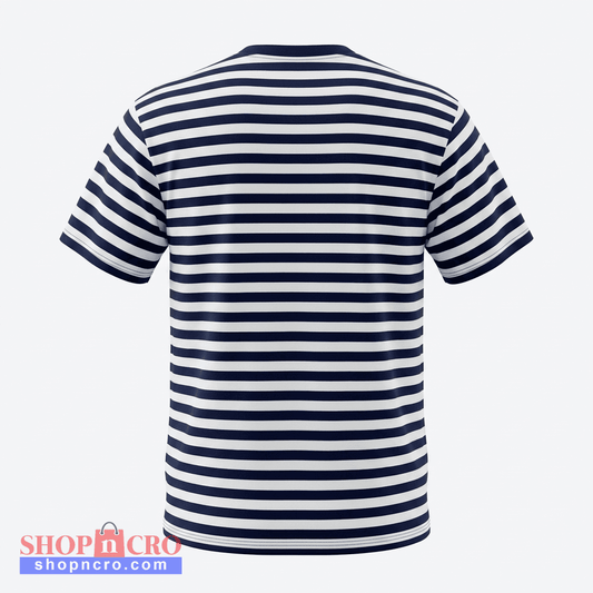 T-shirt Dalmatia Round Neck Navy and white striped t-shirt on a light gray background
