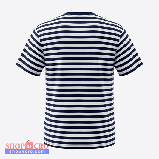 T-shirt Dalmatia Round Neck Navy and white striped t-shirt on a light gray background