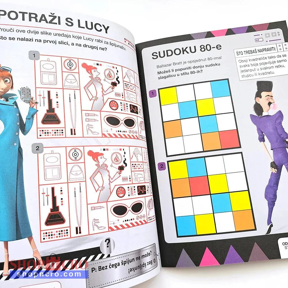 Kako Je GRU Postao Dobar: Kreativne Aktivnosti – Sastavi Jednoroga Open book with illustrations and Sudoku puzzle, featuring a character and colorful grid layout.