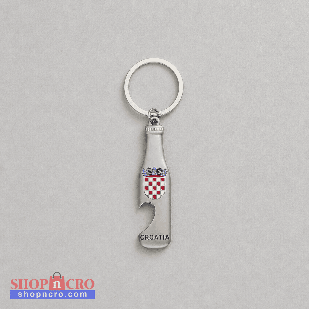 Keyring Croatia with Bottle Opener A silver metal bottle-shaped keychain with a built-in bottle opener, featuring the red and white checkered Croatian coat of arms and the word 'CROATIA' engraved near the bottom, shown on a light gray background.