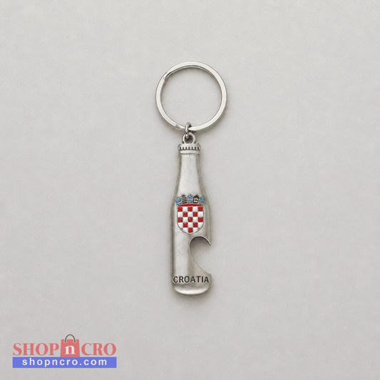 Keyring Croatia with Bottle Opener A silver-tone metal keychain shaped like a Croatia wine bottle opener, featuring the Croatian coat of arms and the word 'CROATIA' engraved at the bottom, shown on a neutral gray background.