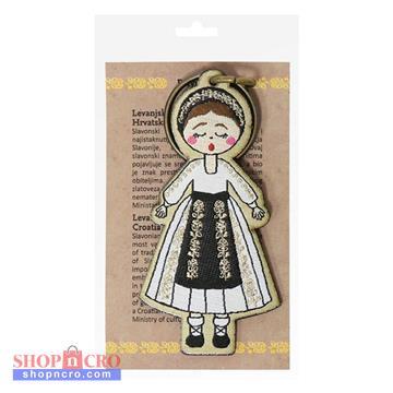 Keyring Ethno Croatia - Levanjska Varoš (Osijek-Baranja) Doll with traditional dress on a cardboard backing with text