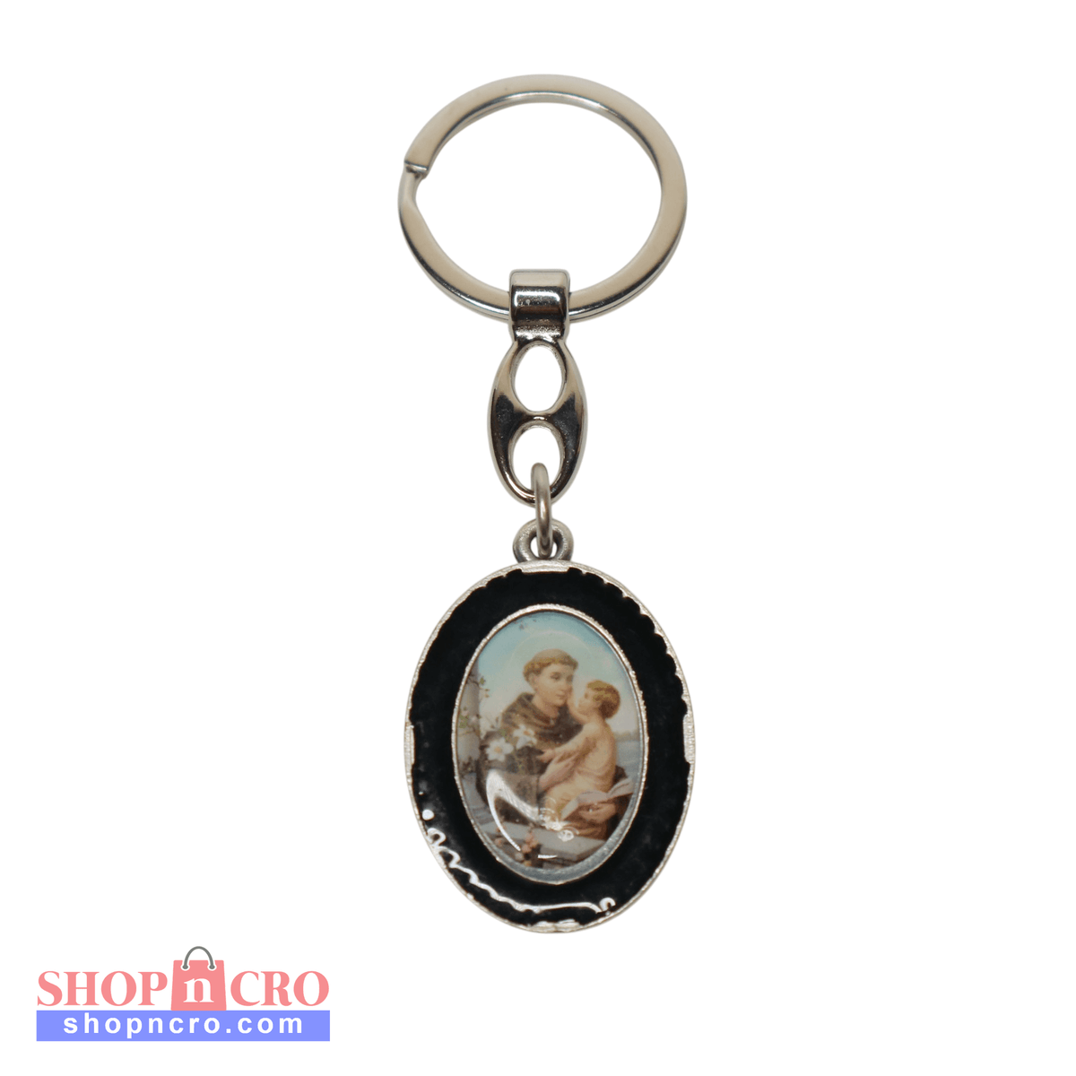 Keyring Saint Anthony of Padua – Double-Sided Religious Medal (Black Enamel) Keychain with a portrait of a man and child on an oval pendant against a white background