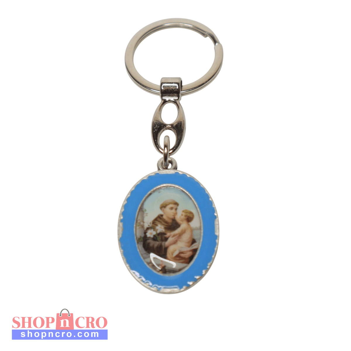 Keyring Saint Anthony of Padua – Double-Sided Religious Medal (Blue Enamel) Keychain with an oval pendant featuring a religious scene on a white background