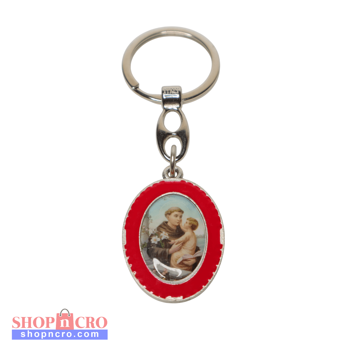 Keyring Saint Anthony of Padua – Double-Sided Religious Medal (Red Enamel) eychain with red border featuring an image of a person and child on a white background