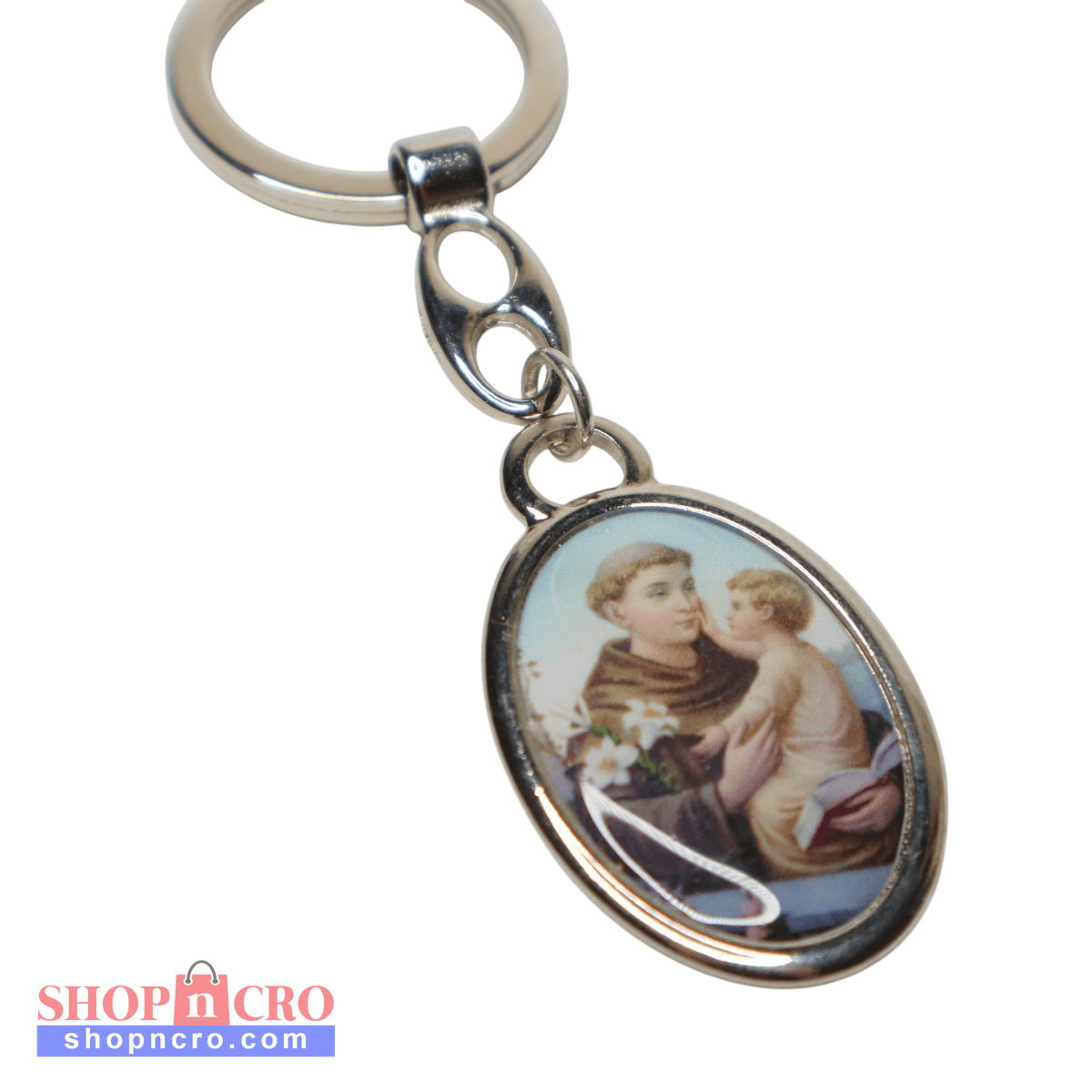 Keyring Saint Anthony of Padua – Silver-Tone Religious Medal (oval) Keychain with an oval pendant featuring a religious design on a white background