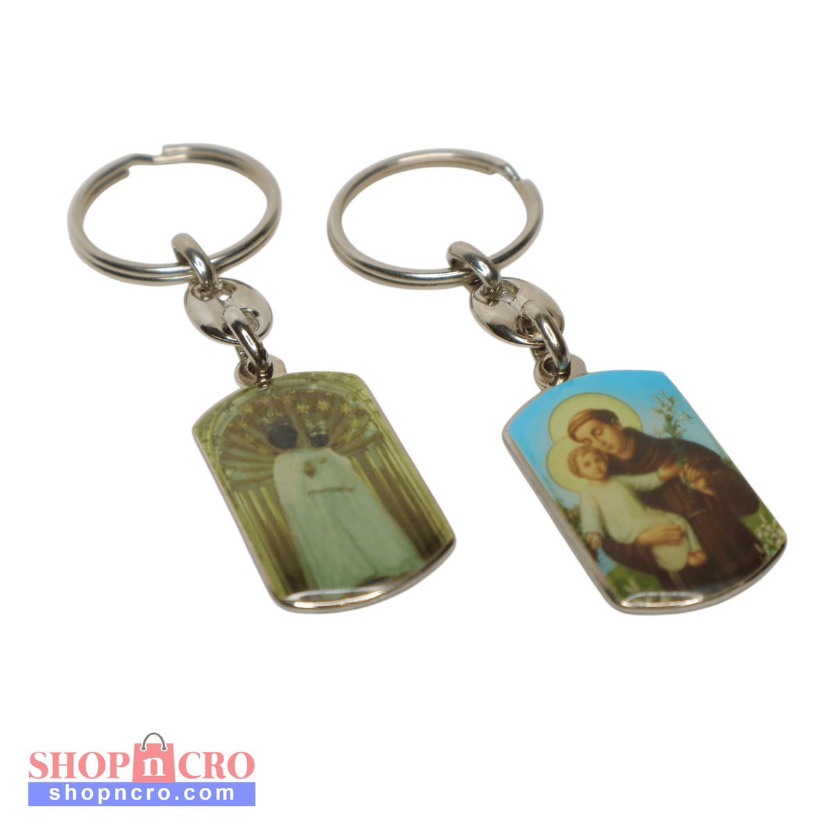 Keyring Saint Anthony of Padua & Virgin Mary Double-Sided Two keychains with religious-themed designs on a white background