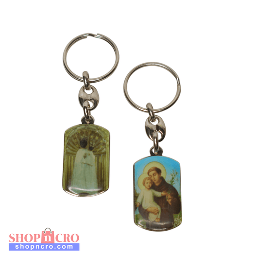 Keyring Saint Anthony of Padua & Virgin Mary Double-Sided Two keychains with religious-themed images on a white background