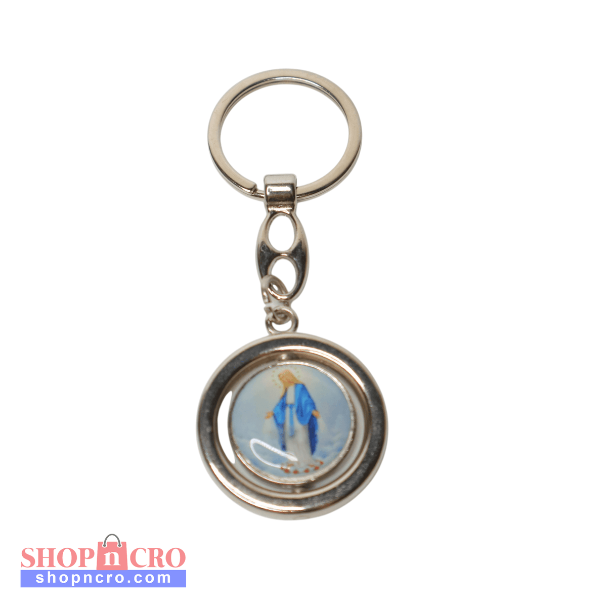 Keyring Virgin Mary & Saint Anthony Rotating Spinner Keychain with a circular design featuring an image of a person in a blue outfit on a white background