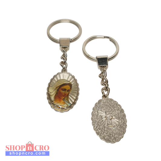 Keyring Virgin Mary with Engraved Cross (oval) Two keychains with religious and shell designs on a white background