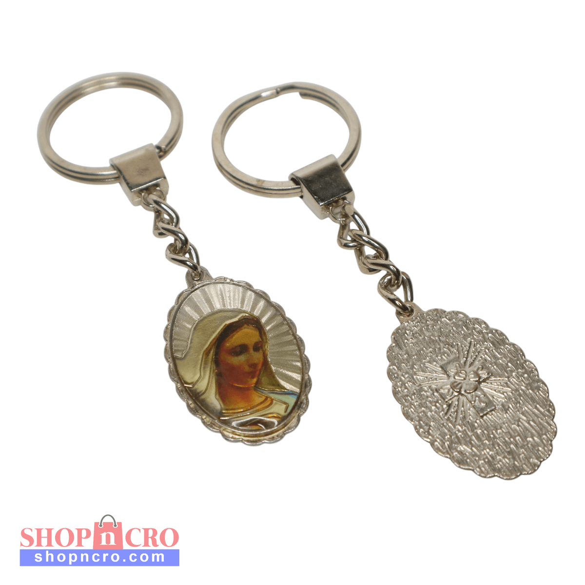 Keyring Virgin Mary with Engraved Cross (oval) Keychain with religious design on a white background