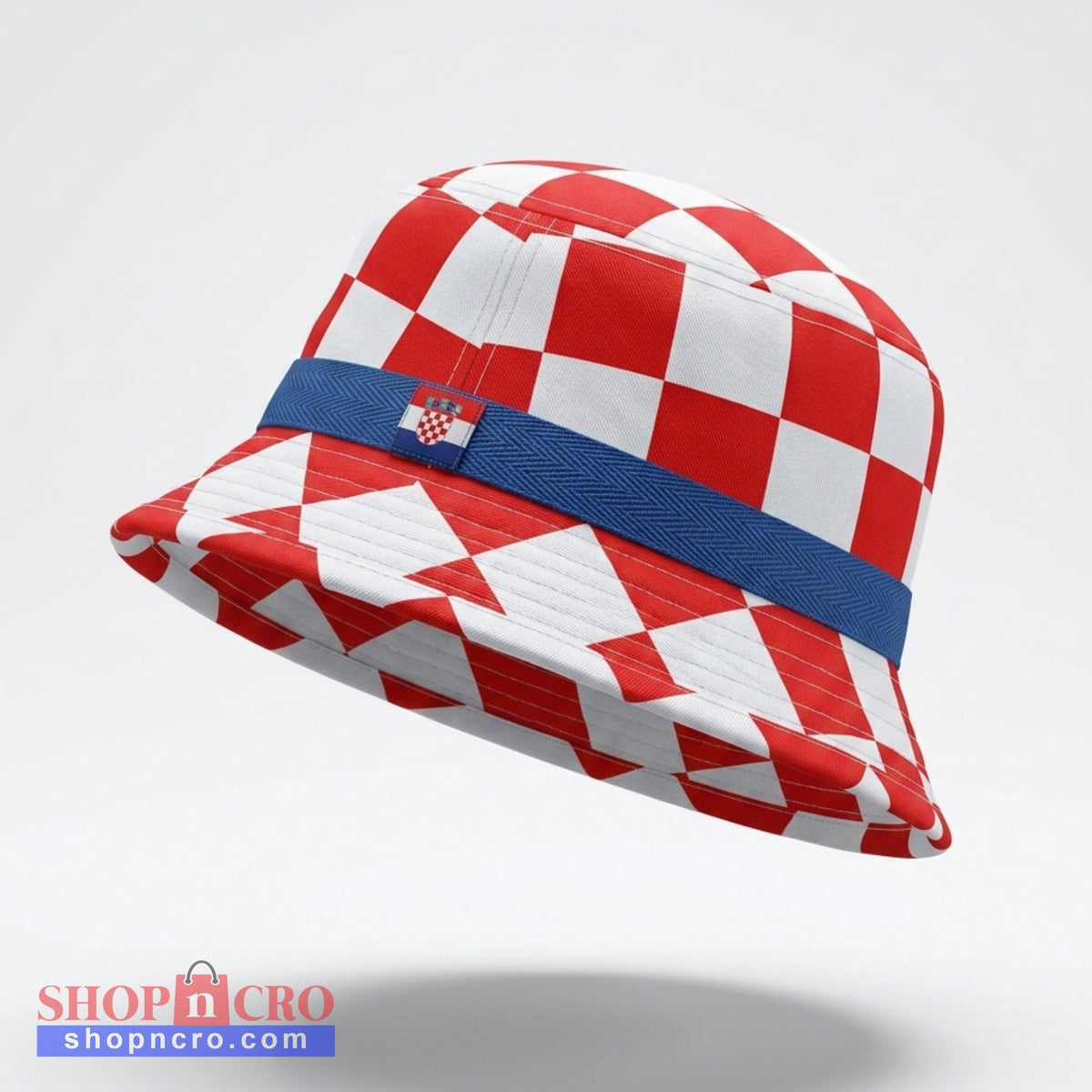 Kids Bucket Hat Croatia Red and white checkered bucket hat with a blue band on a light gray background