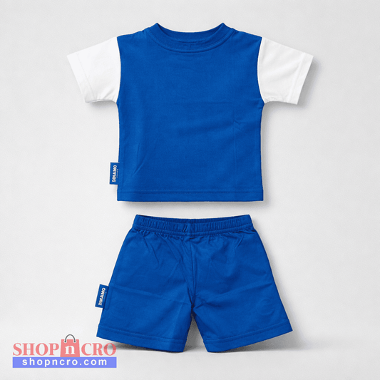 Kids Cotton Set Dinamo (Top + Bottom) Blue and white children's t-shirt and shorts set on a light gray background