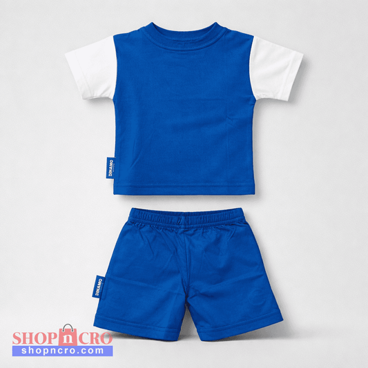 Kids Cotton Set Dinamo (Top + Bottom) Blue and white children's t-shirt and shorts set on a light gray background