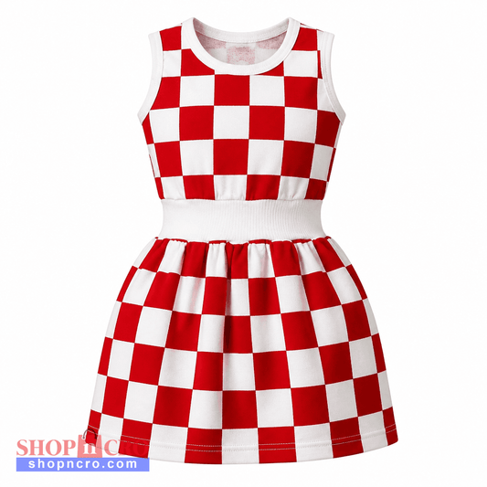 A sleeveless red and white checkered dress with a white ribbed waistband, shown against a plain white background. Kids Dress Croatia snc shopncro