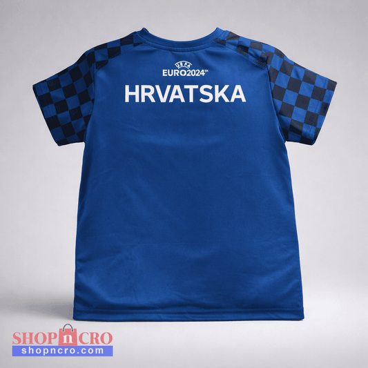 Kids Jersey Top Hrvatska Blue sports jersey with 'HRVATSKA' and 'UEFA EURO 2024' text on a gray background