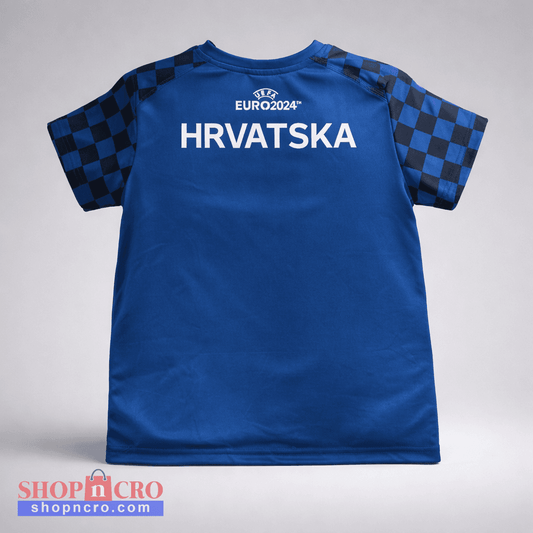 Kids Jersey Top Hrvatska Blue sports jersey with 'HRVATSKA' and 'UEFA EURO 2024' text on a gray background