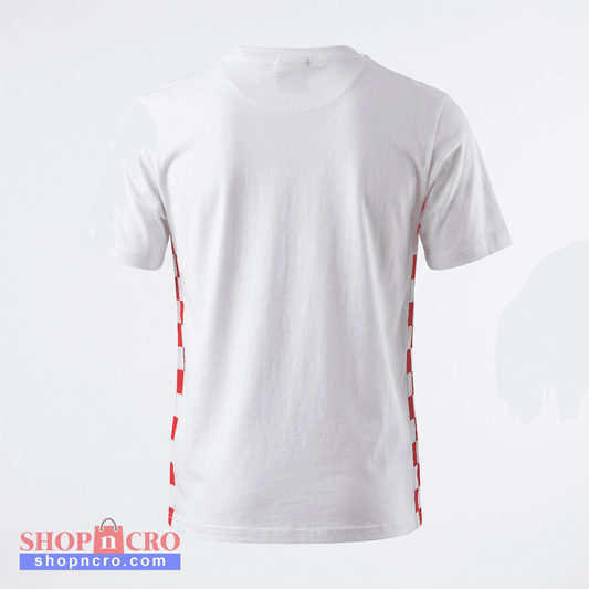 White short-sleeve crewneck t-shirt with red and white checkered side panels, shown from the back on a light gray background. Kids T-Shirt HRVATSKA Checks