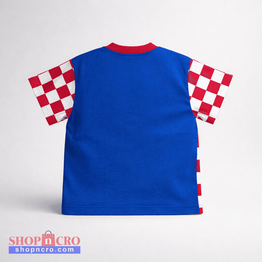 Kids T-shirt Croatia Check Sleeves Blue sleeveless shirt with red and white checkered sleeves on a light gray background
