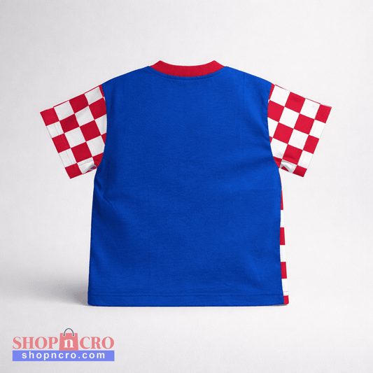 Kids T-shirt Croatia Check Sleeves Blue sleeveless shirt with red and white checkered sleeves on a light gray background
