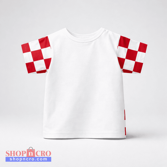 Kids T-shirt Croatia Checks White t-shirt with red and white checkered sleeves on a light gray background