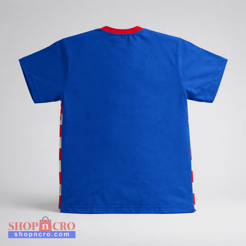 Kids T-shirt Croatia in Blue Blue t-shirt with red accents on a gray background