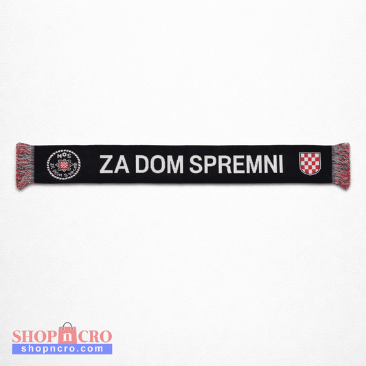 Knitted Scarf HOS Za Dom Spremni Black scarf with text and logos on a white background