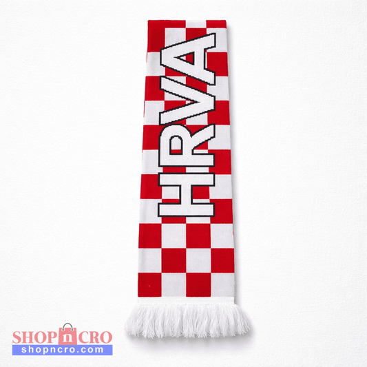 Knitted Scarf Hrvatska Checkered scarf with 'HRVATSKA' text on a white background