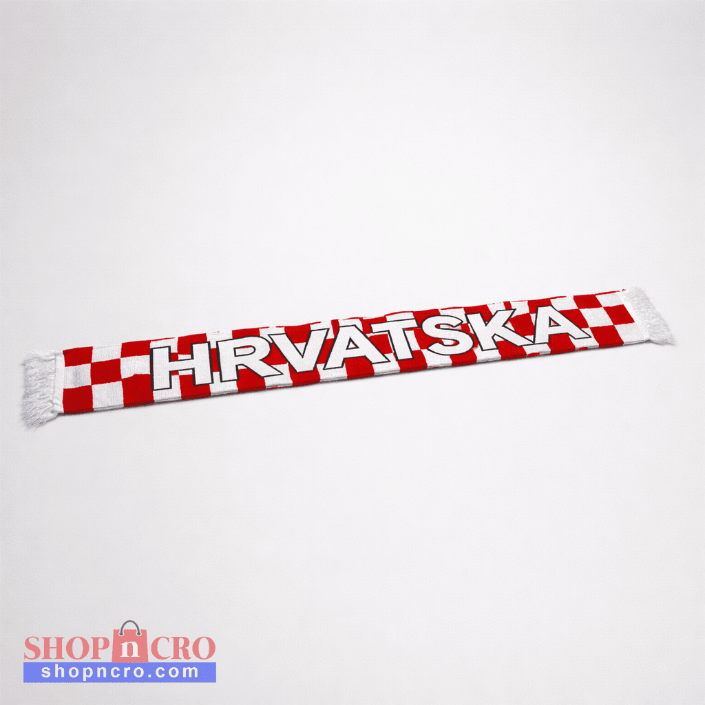 Knitted Scarf Hrvatska Red and white scarf with 'HRVATSKA' text on a light gray background
