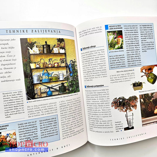 Kućni Vrtovi i Uređenje Interijera - Indoor Plants & Home Decor Guide Open book with text and images on a white background