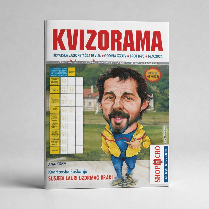 Kvizorama Crossword Magazine on Sale! Croatian Magazine cover titled 'Kvizorama' with a cartoon character on a gray background