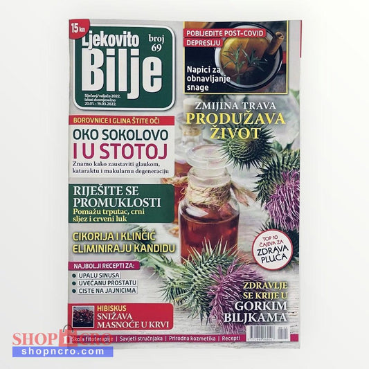 Magazine cover with text and images of plants and a bottle on a white background