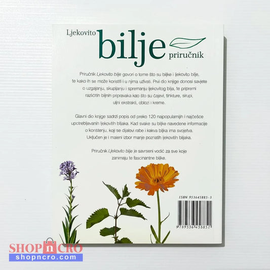 Ljekovito Bilje – Priručnik (Croatian Herbal Handbook) Book cover with illustrations of plants and text on a white background