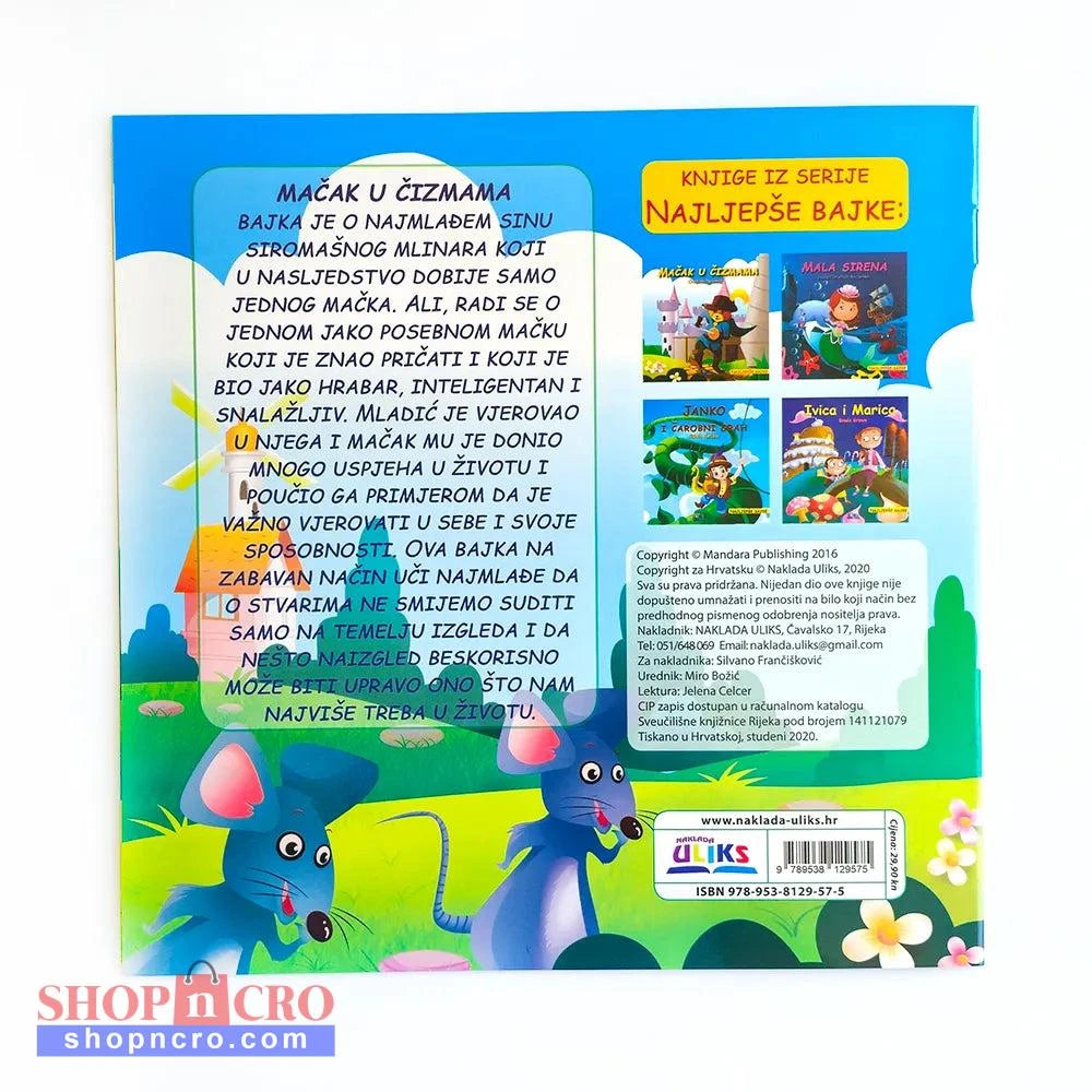 Mačak u čizmama Back cover of a children's book with cartoon mice and text in Croatian, featuring the brand 'Diks'.