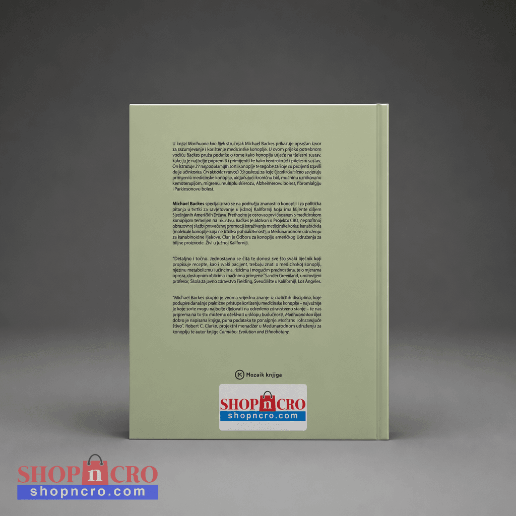 Marihuana Kao Lijek - Croatian Guide to Medical Cannabis Green book with text on a gray background, featuring Shophero logo.
