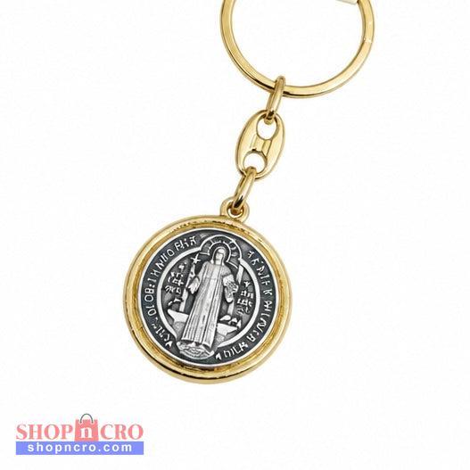 Međugorje Keyring Saint Benedict Medal in Gold A gold-tone and silver-tone round Saint Benedict medal keychain on a plain white background.