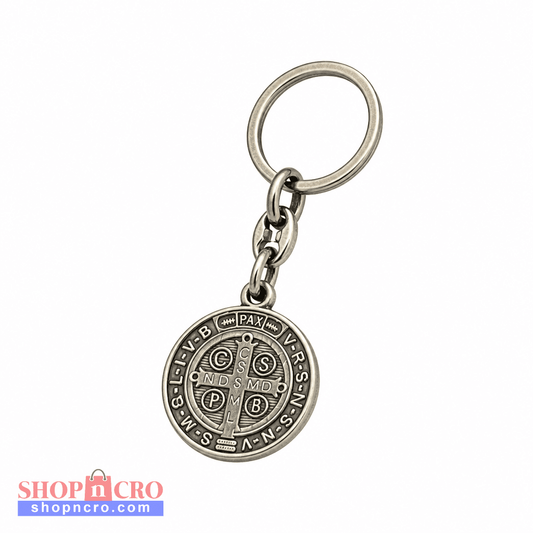 A silver cross pendant necklace with clear baguette and round-cut stones, suspended from a delicate silver chain against a plain white background. Međugorje Keyring Saint Benedict Medal in Silver