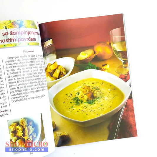 Mediteranske Travarice i Likeri Magazine or book open to a page with a recipe for champignon soup, featuring a bowl of soup and ingredients.