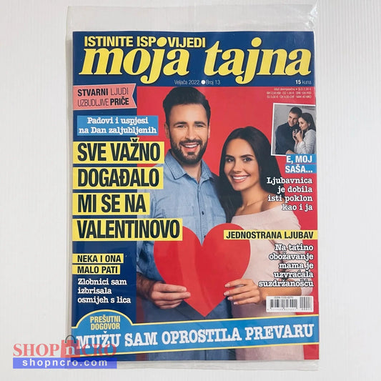Moja Tajna Magazine Croatian Magazine cover with a couple holding a heart and text in Croatian