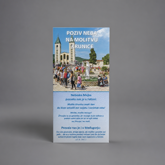 Molitveni Komplet – Krunica & Vodič za Molitvu (Fatima & Međugorje) Brochure with a picture of a church and people on a gray background