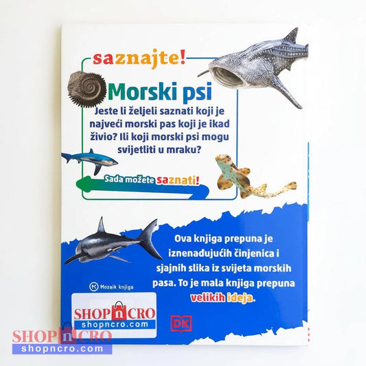 Morski Psi – Saznajte! Book cover with images of sharks and text in a foreign language, featuring Shopnкро branding.