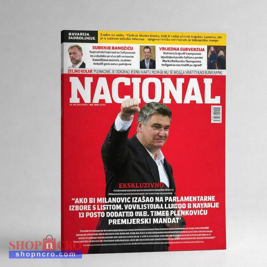 Nacional Magazine on Sale! Croatian Magazine cover with a red background and text, featuring a person in a suit.