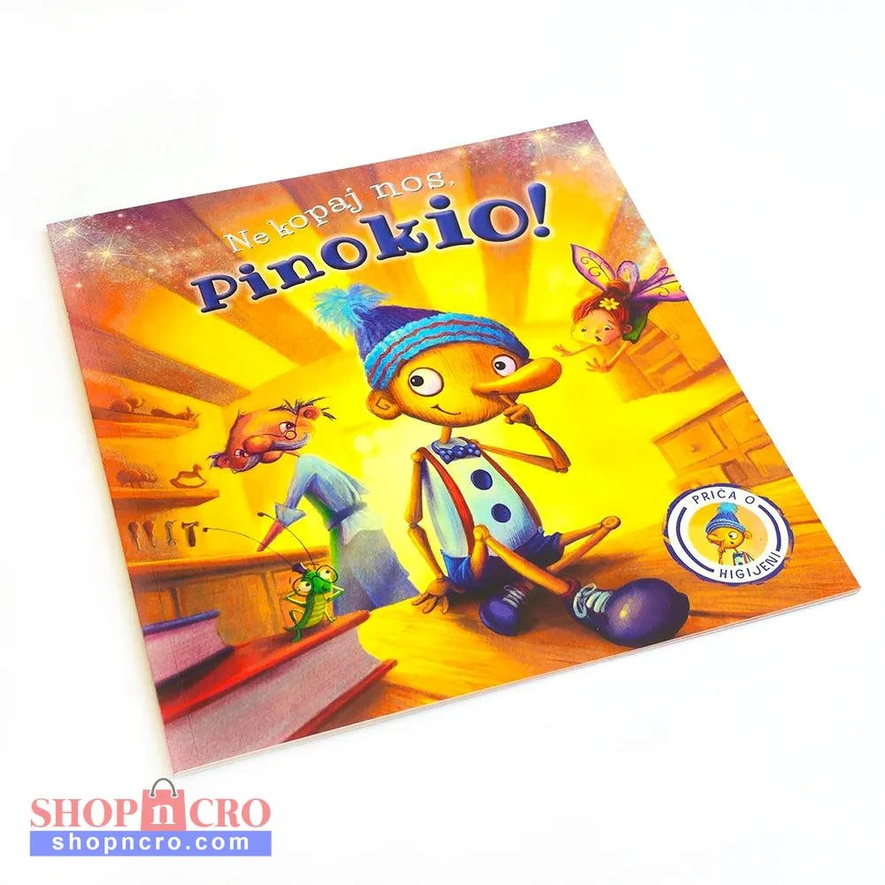 Ne kopaj nos, Pinokio! Colorful book cover of 'Pinokio' with animated characters on a white background