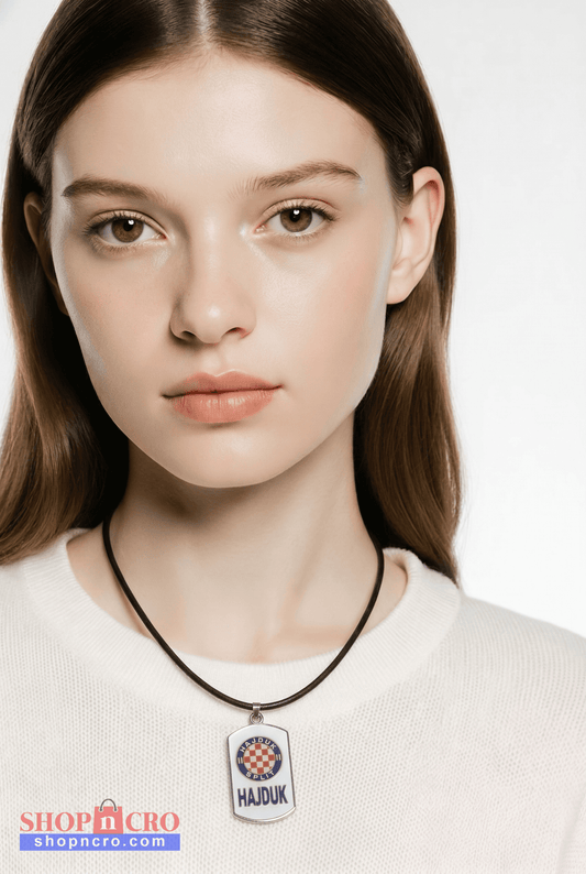 Necklace Hajduk Split Woman wearing a necklace with a Hajduk pendant on a white background