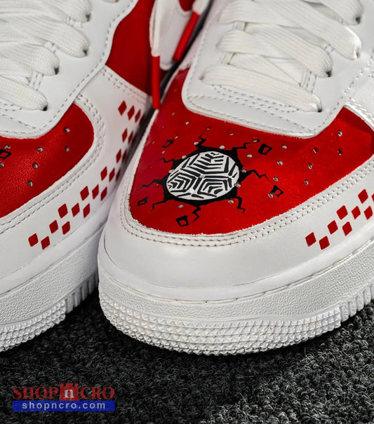 Nike Air Force 1 CROATIA HNS White sneakers with red soles featuring a black and white design on a dark surface shopncro
