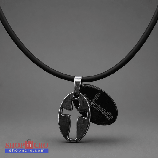 Oče Naš Necklace – Sliding Pendant Necklace with a black cord and silver pendant on a gray background