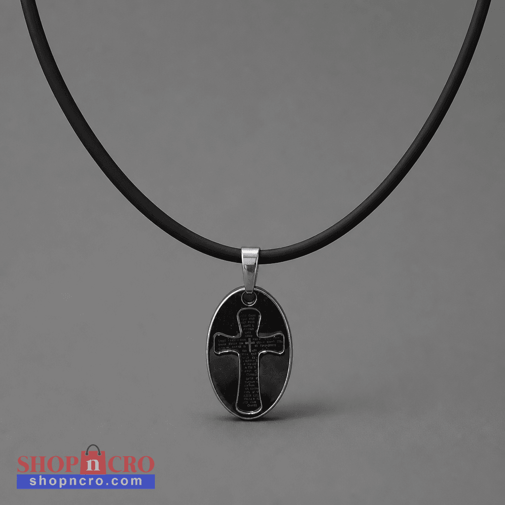 Oče Naš Necklace – Sliding Pendant Black leather necklace with a silver cross pendant on a gray background