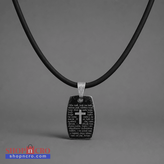 Oče Naš Necklace Black pendant with cross and text on a black cord against a gray background